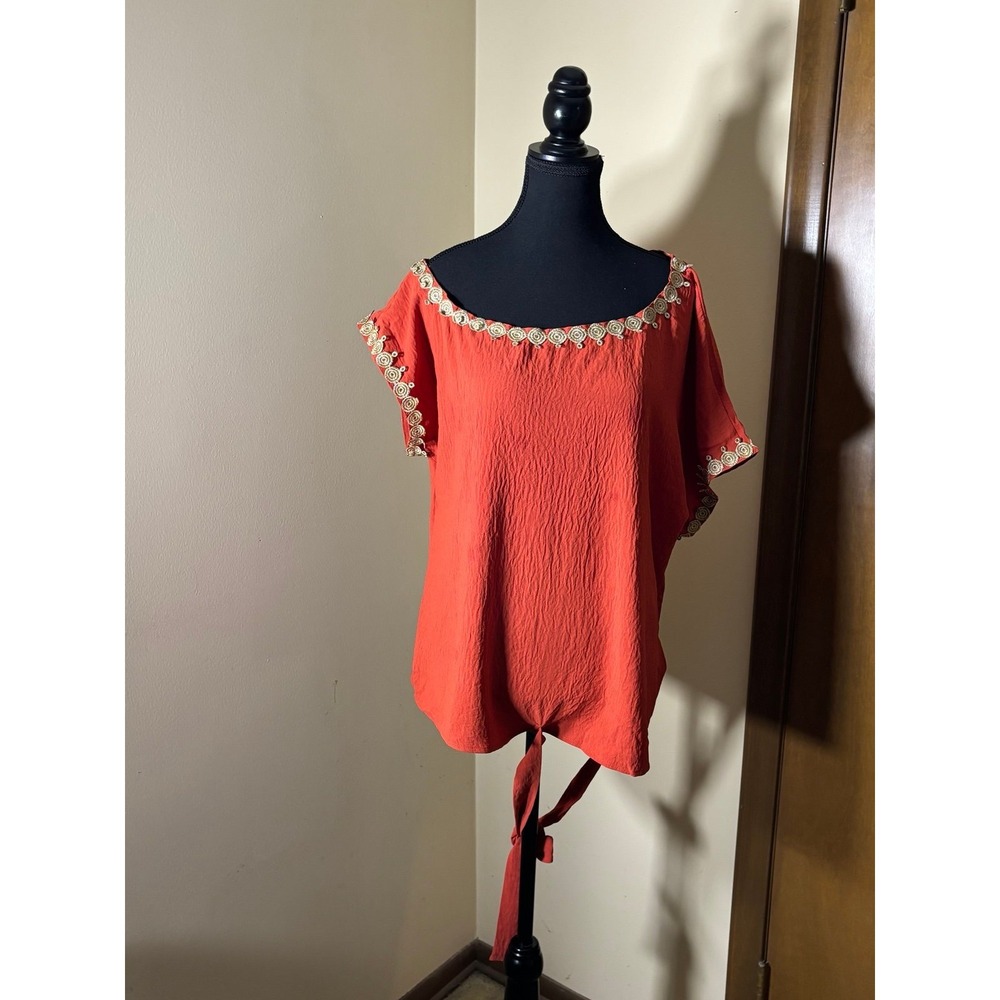 Unbranded Embroidered Side Tie Blouse Womens Large Orange Excellent Boho Top - Picture 2 of 5